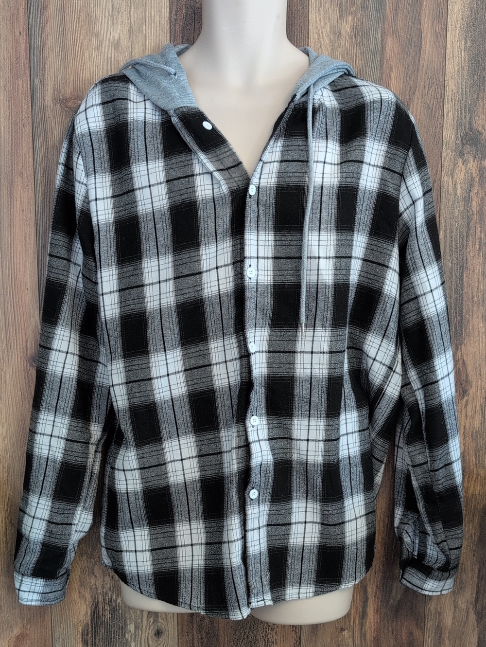 SHEIN Black White Plaid Hooded Button-Down Shacket Shirt L Q312